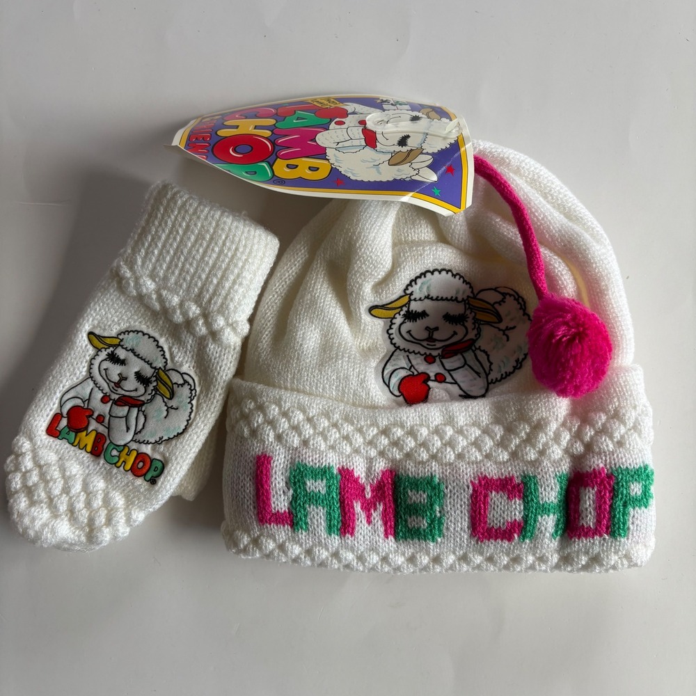 Vintage 1993 Shari Lewis Lamb Chop Hat and Mittens Set White Pink Green Knit NEW